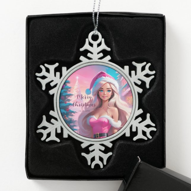 Beautiful Pink Christmas Girl 01 Snowflake Pewter Christmas Ornament (Box)