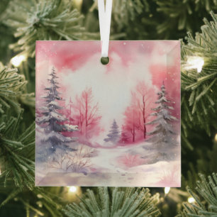 Beautiful Pink Christmas Landscapes  Glass Tree Decoration