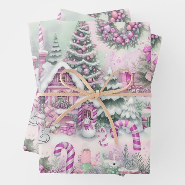 Beautiful Pink Christmas Village Gift  Wrapping Paper Sheet (In situ)