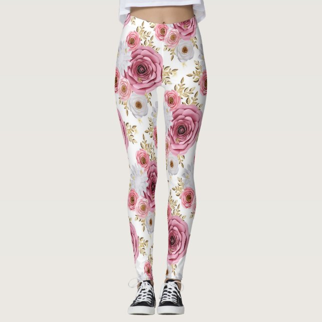 Beautiful Pink colour with Rose floral design Leggings (Front)