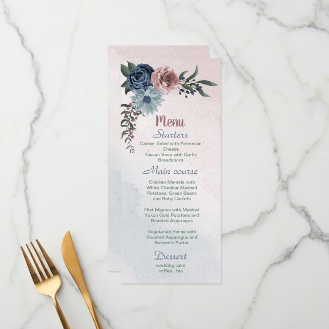 Beautiful pink dusty blue navy flowers greenery menu (Front/Back In Situ)