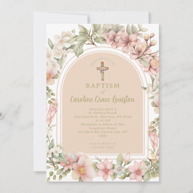 Beautiful Pink Evergreen Flower Catholic Baptism Invitation (Front)