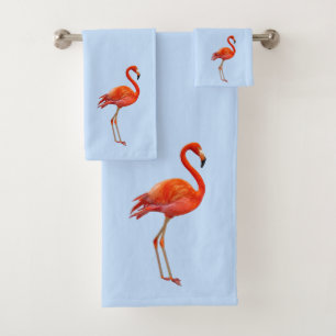 Beautiful Pink Flamingo on Light Blue Bath Towel Set