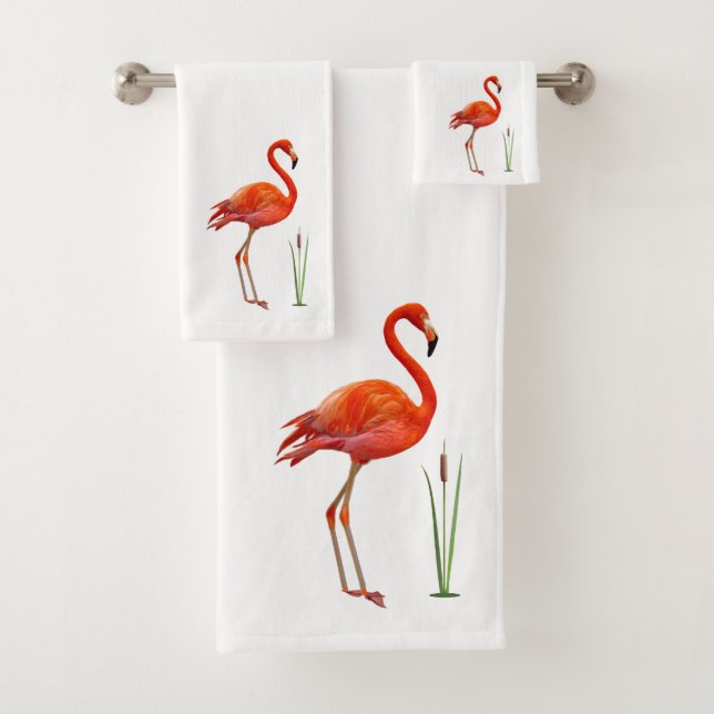 Beautiful Pink Flamingo & Reed Plant on White Bath Towel Set (Insitu)