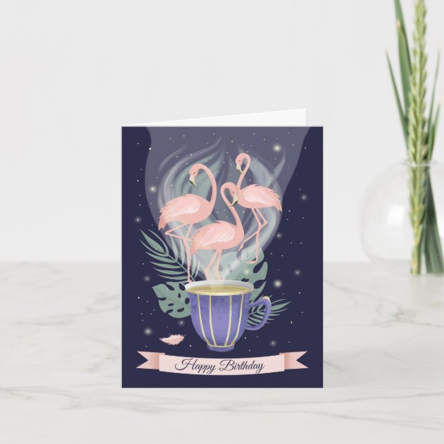 Beautiful Pink Flamingo Tea Time Note Card (Front)