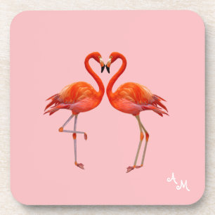 Beautiful Pink Flamingos & Monogram on Light Pink Coaster