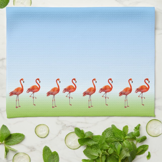 Beautiful Pink Flamingos on Light Blue Gradient Tea Towel (Folded)