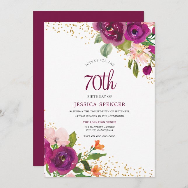 Beautiful Pink Floral 70th Birthday Invitation (Front/Back)