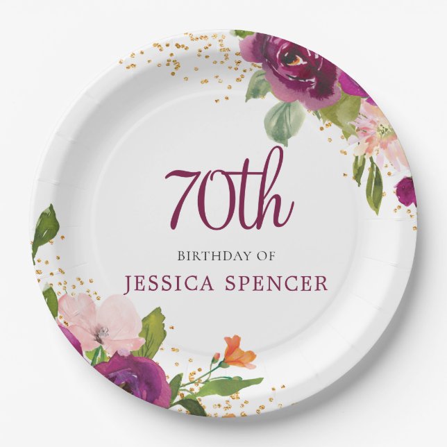 Beautiful Pink Floral 70th Birthday Party Paper Plate (Front)