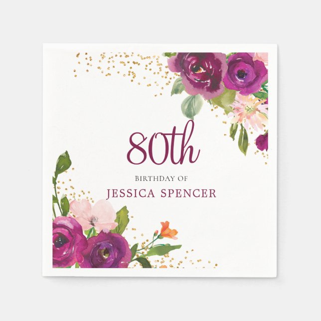 Beautiful Pink Floral 80th Birthday Party Napkin (Front)