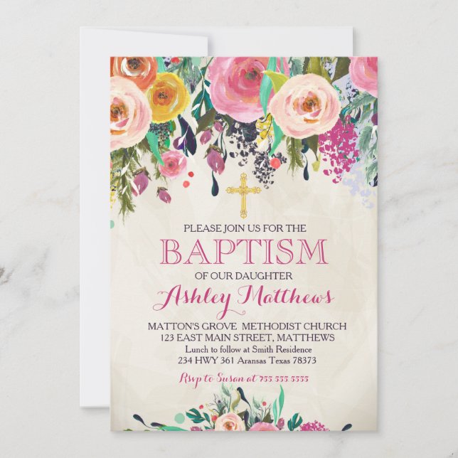 Beautiful Pink Floral BAPTISM Invitation (Front)
