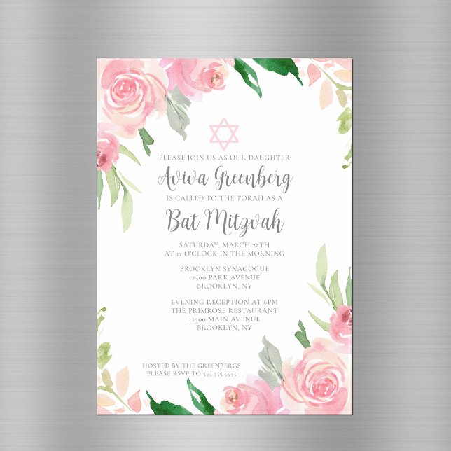 Beautiful Pink Floral Bat Mitzvah Party Magnetic Invitation (Creator Uploaded)