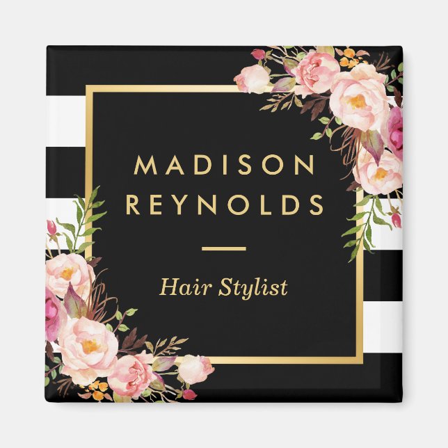 Beautiful Pink Floral Black White Striped Magnet (Front)