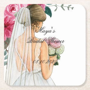 beautiful pink floral bridal shower square paper coaster