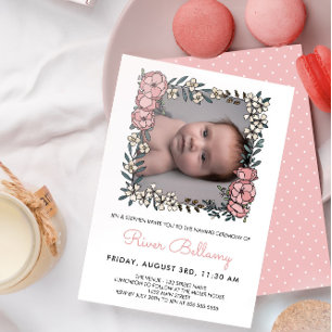 Beautiful Pink Floral Frame Photo Naming Ceremony Invitation
