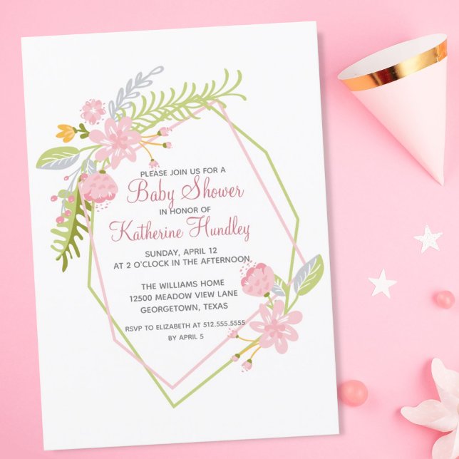 Beautiful Pink Floral Geometric Girl Baby Shower Invitation (Creator Uploaded)