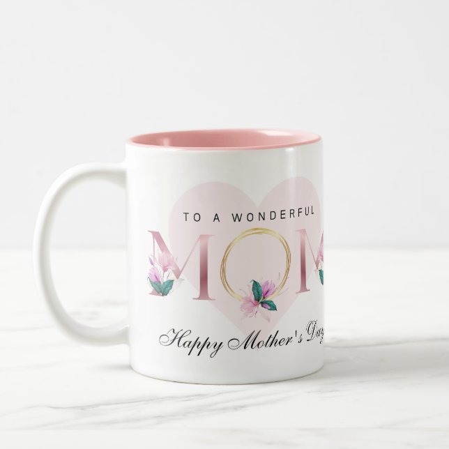 Beautiful Pink Floral Personalised Mother's dayMug Two-Tone Coffee Mug (Left)