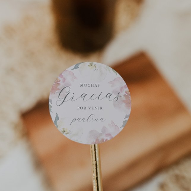 Beautiful Pink Floral Quinceañera Gracias Name Classic Round Sticker (Creator Uploaded)
