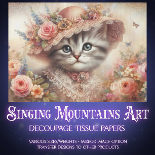 Beautiful Pink Floral Victorian Cat Decoupage Tissue Paper