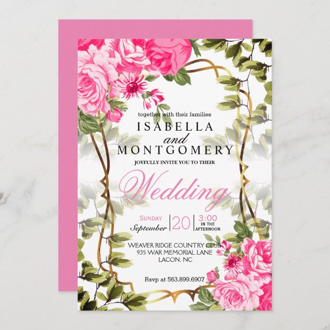 Beautiful Pink Floral Wedding Invitation (Front/Back)
