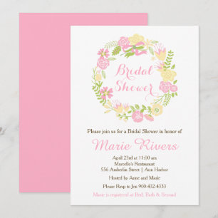 Beautiful Pink Floral Wreath Bridal Shower Invitation
