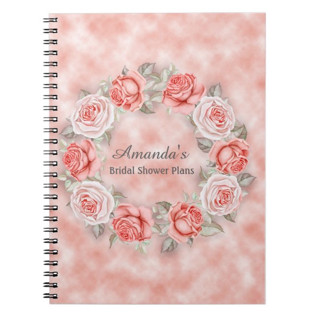 Beautiful Pink Floral Wreath Bridal Shower Plans Spiral Notebook (Front)