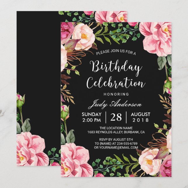 Beautiful Pink Floral Wreath Girly Birthday Party Invitation (Front/Back)