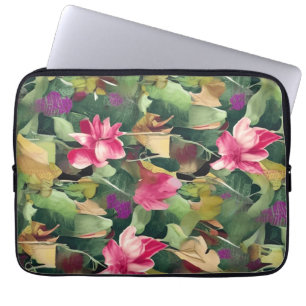 Beautiful Pink Flower and Tropical Leaf Pattern Laptop Sleeve