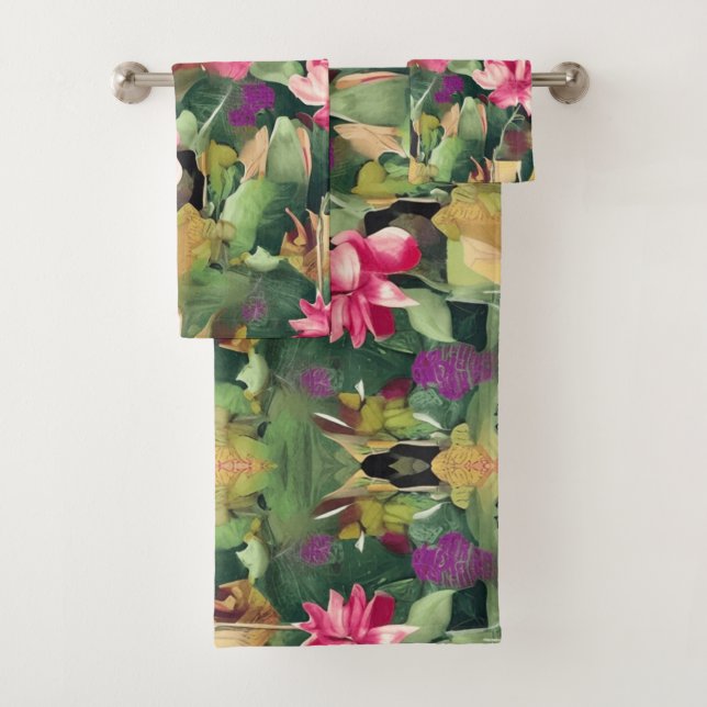 Beautiful Pink Flower and Tropical Leaf Pattern Th Bath Towel Set (Insitu)