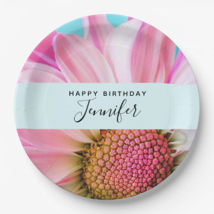 Beautiful Pink Flower Close Up Photo Birthday Paper Plate