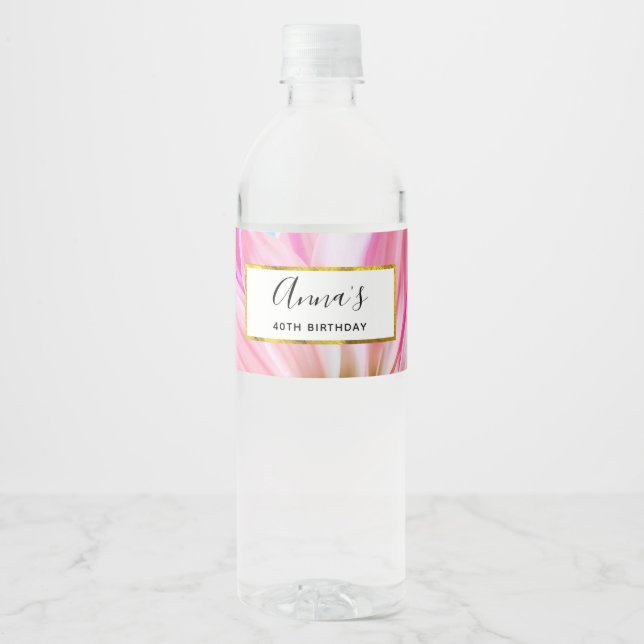 Beautiful Pink Flower Close Up Photo Water Bottle Label (Front)