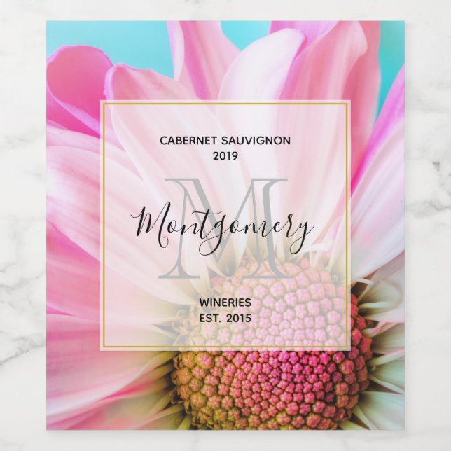 Beautiful Pink Flower Close Up Photo Wine Making Wine Label (Single Label)