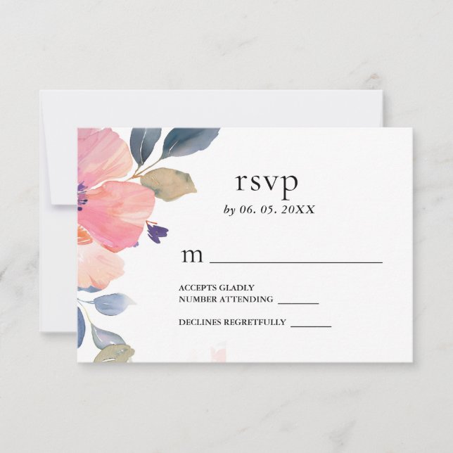 Beautiful Pink Flower Floral Watercolor Wedding RSVP Card (Front)