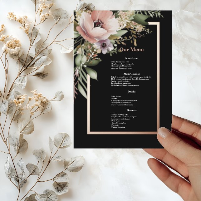 Beautiful Pink Flower on Rose Gold Wedding Dinner Menu (Creator Uploaded)