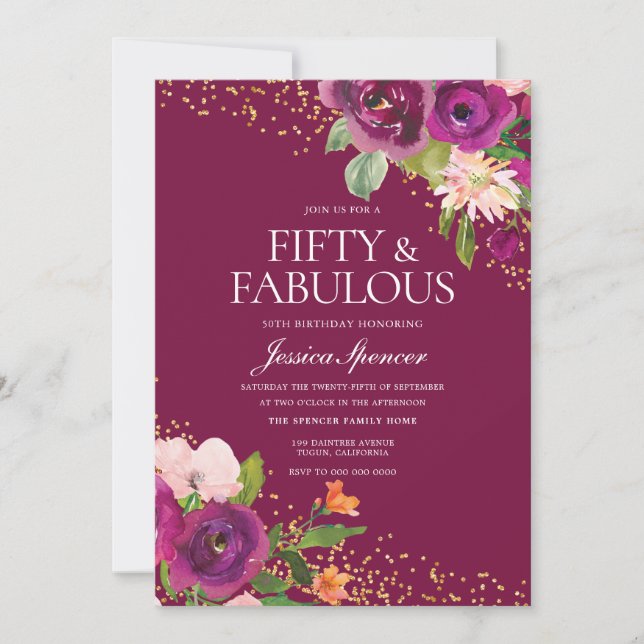 Beautiful Pink Flowers 50th Birthday Party Invitation (Front)