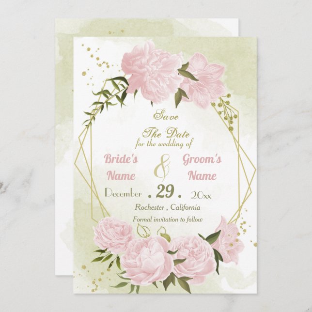 beautiful pink flowers green leaves geometric save the date (Front/Back)