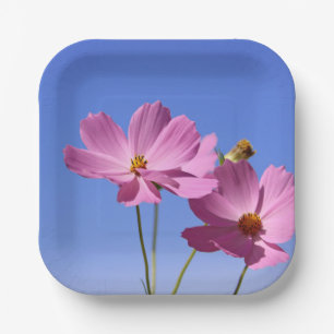 beautiful pink flowers hugging a clear blue sky paper plate