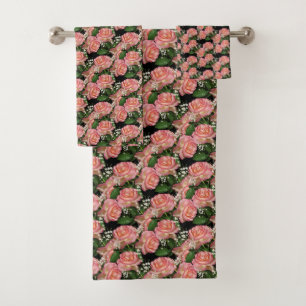 Beautiful Pink Flowers on Black Bath Towel Set