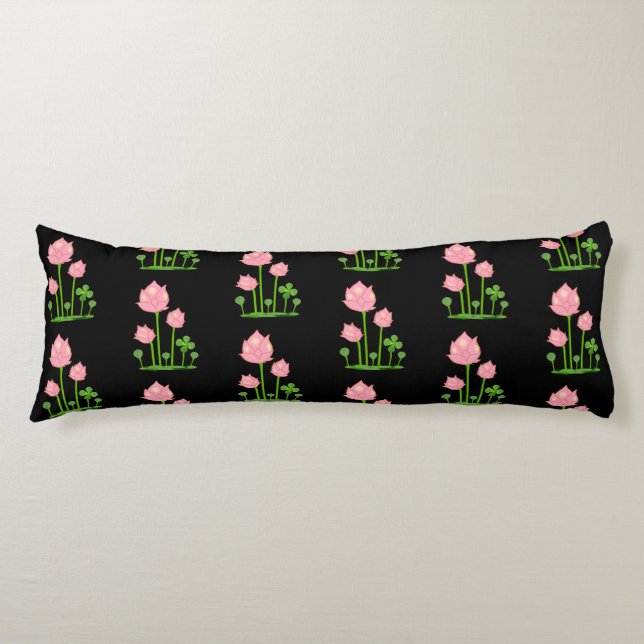 Beautiful Pink Flowers on Black Body Pillow (Front)
