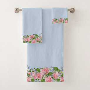 Beautiful Pink Flowers on Light Blue Bath Towel Set