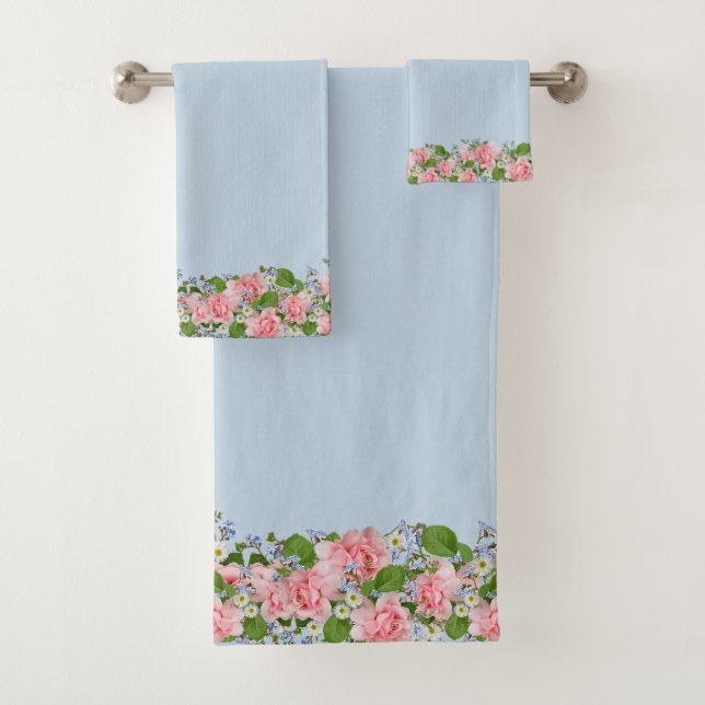 Beautiful Pink Flowers on Light Blue Bath Towel Set (Insitu)