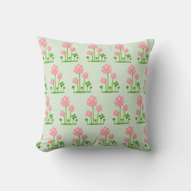 Beautiful Pink Flowers on Light Green Cushion (Front)