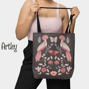 Beautiful pink folk art peacock floral tote bag
