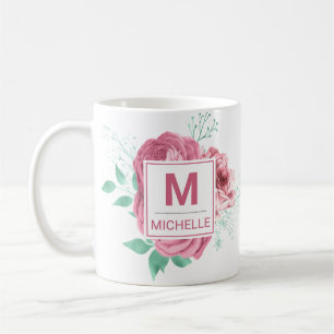 Beautiful Pink Garden Roses Monogram Coffee Mug