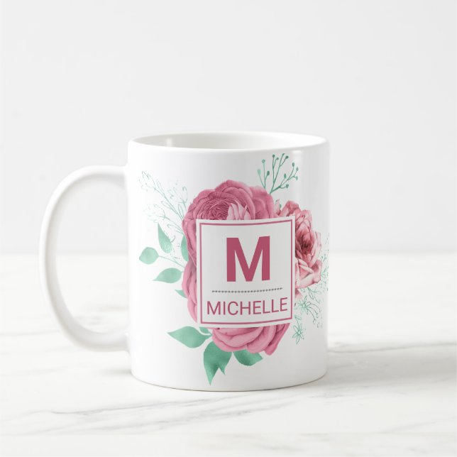 Beautiful Pink Garden Roses Monogram Coffee Mug (Left)