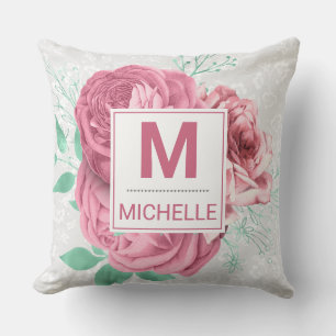 Beautiful Pink Garden Roses Monogram Cushion