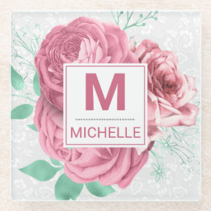 Beautiful Pink Garden Roses Monogram Glass Coaster