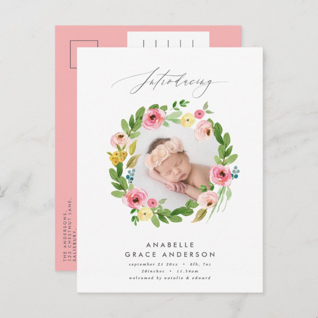 beautiful pink girly floral botanical script photo announcement postcard (Front/Back)