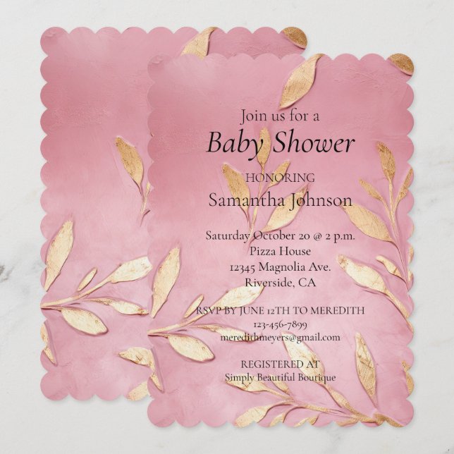 Beautiful Pink Glam Gold Leaves Baby Shower Invitation (Front/Back)
