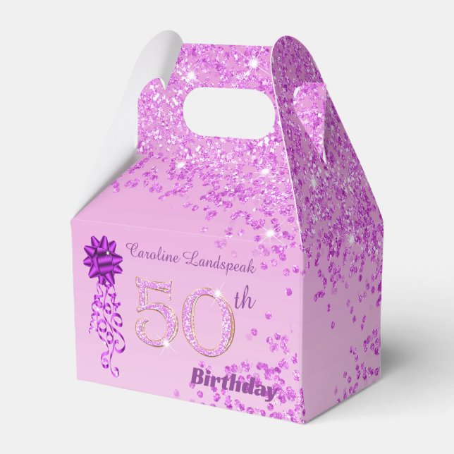 Beautiful Pink Glitter & Ribbon 50th Birthday  Favour Box (Front Side)
